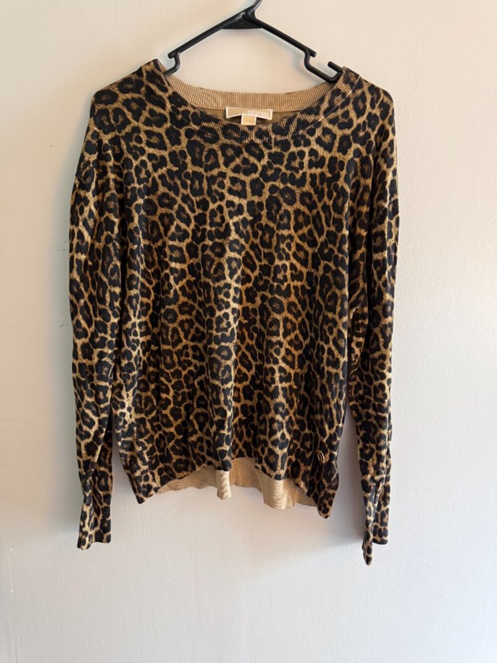 Michael Kors Leopard Print Crewneck Knit Sweater Size L